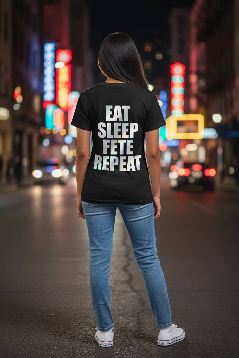 COUNTRY AREA CODE REFLECTIVE-EAT SLEEP FETE REPEAT TEE